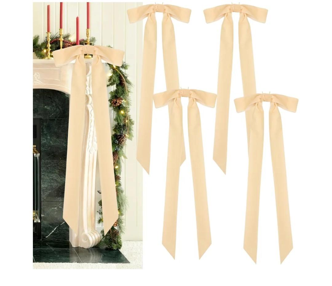 Cream Velvet Christmas Bows, 23.6 x 8.6 Inches Extra Large Velvet Ribbon Bows with Long Tail, Rustic Bows for Christmas Tree,Garland,Staircase,Fireplace, Xmas Indoor Outdoor Decor