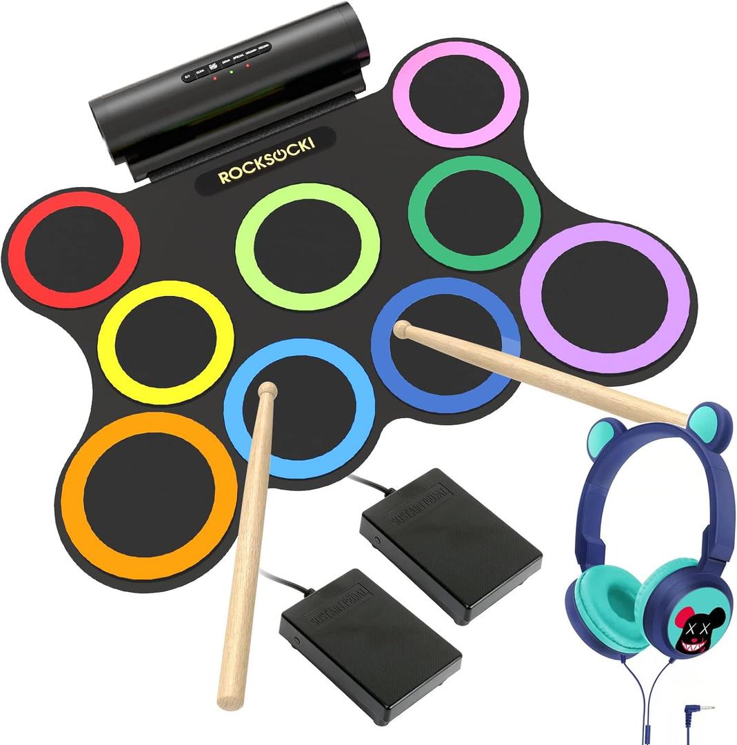 ROCKSOCKI Electric Drum Set 9-Pad With Headphone, Bigger Roll-up Drum Pad USB MIDI Game, Built-in Speaker, Drum Sticks, Foot Pedals 10 Hours Playtime Holiday Xmas Birthday Gift for Kids (9+ yrs old)
