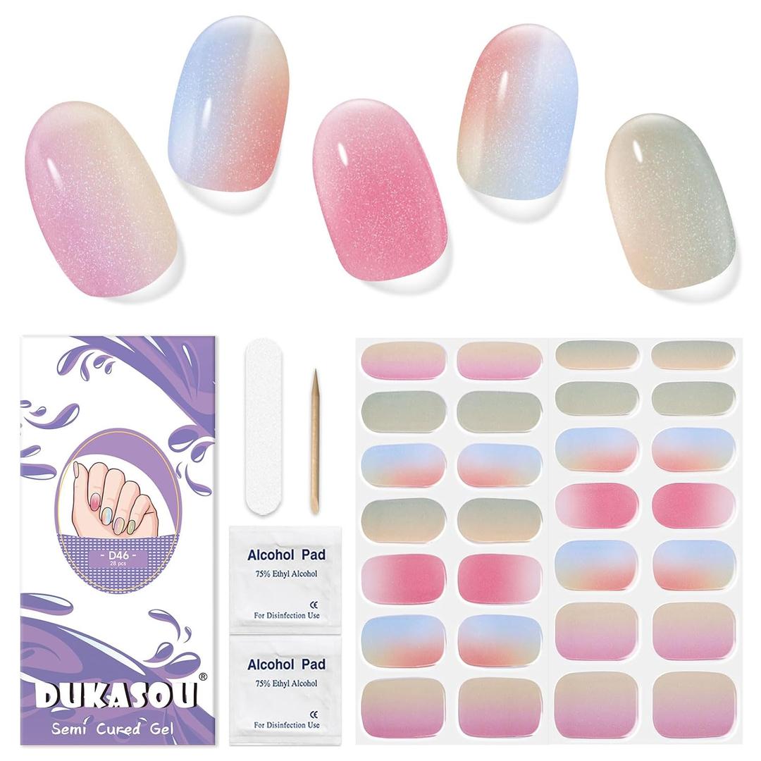 2 x Semi Cured Gel Nail Strips, 28 pcs Gel Nail Stickers Work with Any UV Lights, Long-Lasting Nail Wraps for women DIY Art Gift, Easy to Apply & Remove
