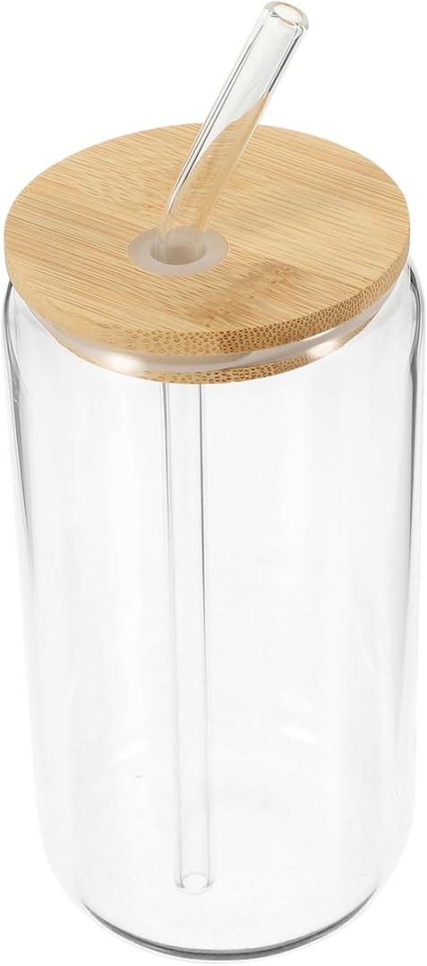 Bamboo Lid Glass Cup Straw High-temperature Resistant Drinkware for Juice Milk Tea and Smoothies Stylish Beverage Tumbler for Home and Parties (Transparent)