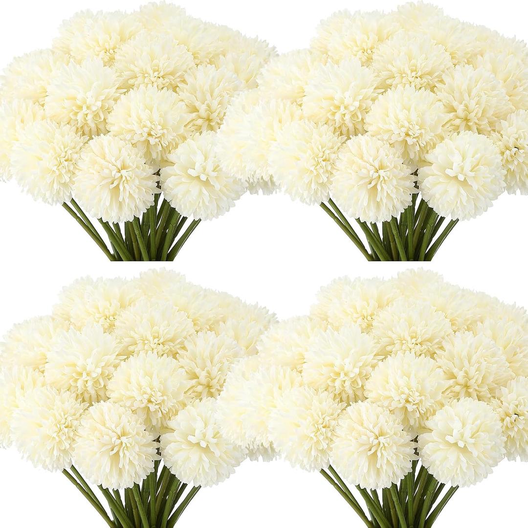 Tigeen 50 Pcs Artificial Flowers Chrysanthemum Ball Fake Flowers Lifelike Artificial Chrysanthemum Ball for DIY Wedding Bouquets Bridal Shower Table Centerpieces Home Kitchen Garden (White)
