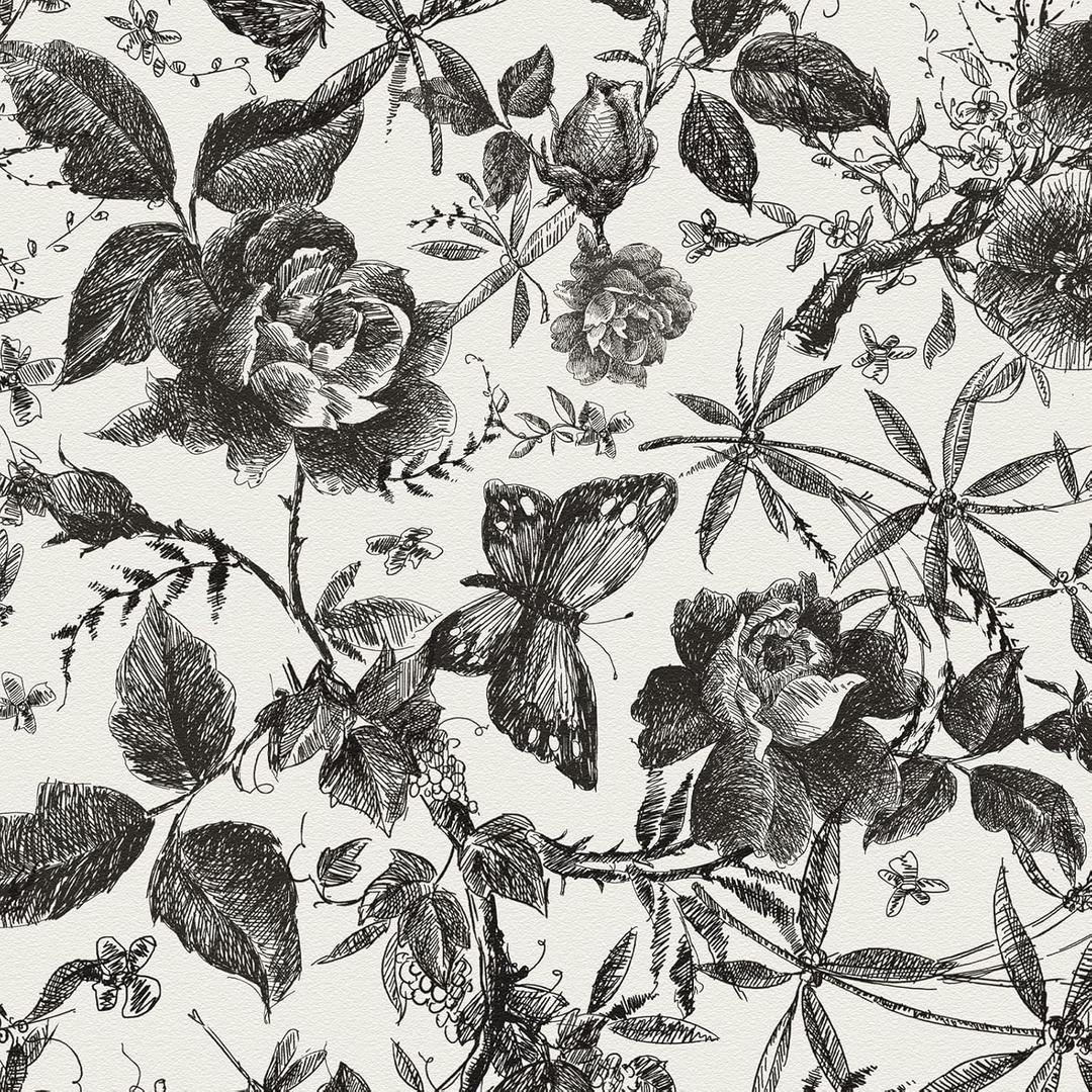 JiffDiff Floral Vintage Wallpaper Peel and StickRose Wallpaper Removable Vinyl Wall Paper Sketch Floral Decor 15.8in x 394in (Black/White)