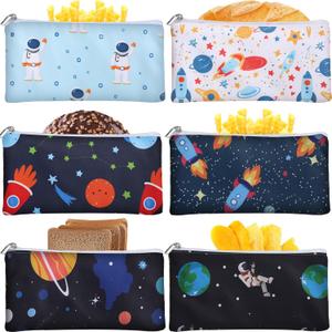 Chumia 6 Pack Reusable Snack Bags for Kids, Washable Sandwich & Food Storage Pouches, Dual-layer Silicone Lined Lunch Bags with Zipper for School & Travel (Astronaut, 6.9 x 3.7 Inches)