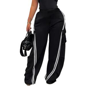 HuiSiFang Women's Striped Pants Casual High Waisted Straight Leg Baggy Pants Cargo Wide Leg Sweatpants (Large, Black)