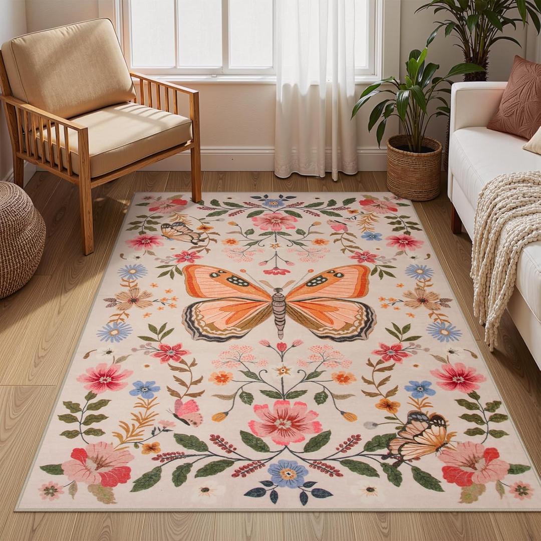 Beeiva Butterfly Girls Room Rug 3x5, Insect Washable Area Rug for Bedroom Dorm Non Slip Soft Floral Carpet for Kid Room, Boho Flower Carpet for Nursery Entryway Classroom Decor (Beige/Pink)