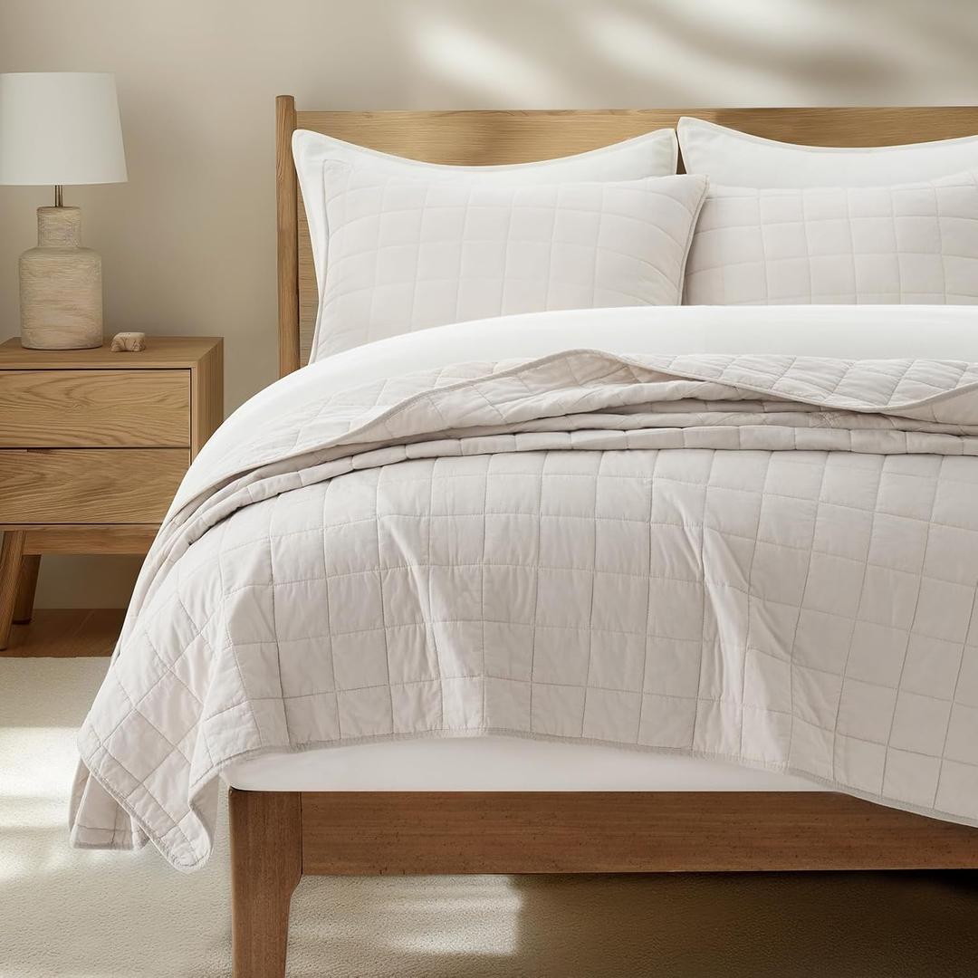 EVERGRACEHOME 100% Cotton Box Stitch Quilt Bedding Set Queen Size 3 Pieces, Garment-Washed Lightweight Soft Cozy Coverlet, Quilted Bedspread Sets with 2 Shams for All Season, Birch | Box Stitch Design, 100% Cotton, Soft, Oversized, Pre Washed, Oeko-Tex Certified, Full/Queen