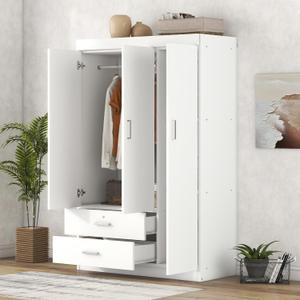3 Door Wardrobe Cabinet Closet with Storage Drawers, Shelves and Hanging Rail for Clothes, Bedroom Organizer (White)