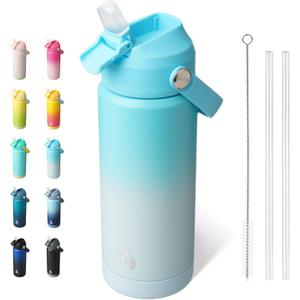 BJPKPK Insulated Water Bottle with Straw Lid, 18oz Thermo Water Bottles with Soft Nozzle, Flex Handle & Non-slip Boot, BPA Free Leak Proof Stainless Steel Metal Thermo, Tumblers, Cups,Sea Salt