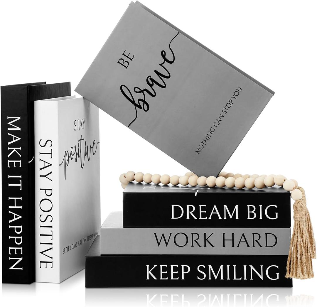 Menkxi 6 Aesthetic Decorative Books Set with Tassel Wood Bead Motivational Table Decor Encouragement Faux Book with Inspirational Design for Home Coffee Table Modern Decoration Photo Storage Box