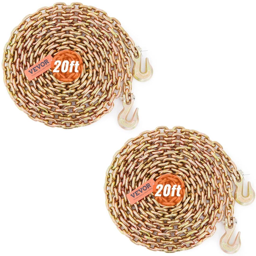 VEVOR Transport Binder Chain, 4900lbs Working Load Limit, 5/16''x20' G80 Tow Chain Tie Down with Grab Hooks, DOT Certified, Galvanized Coating Manganese Steel for Dock Factory Construction Site, 2Pack