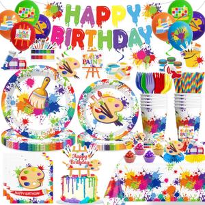 354pcs Paint Party Decorations for Kids and Art Lovers, Convenient Disposable Paper Tableware Set Includes 350gsm Plates and 2 PE Plastic Tablecloths for Paint Party and Celebration