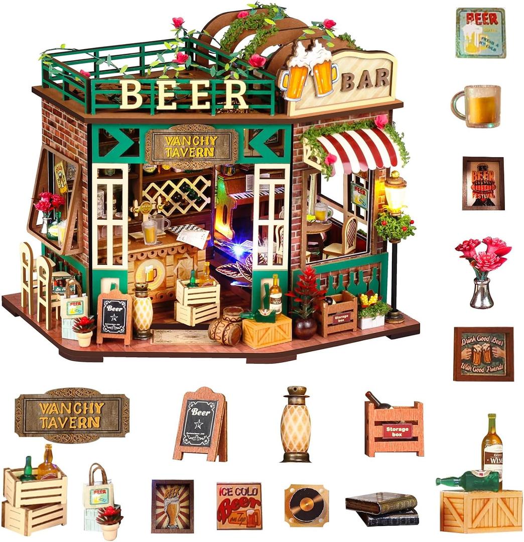 Book Nook, Beer Shop DIY Miniature House Kit for Craft Lovers | 3D Wooden Puzzle for AdultsHandcraft Book Shelf Insert, Decorative Gift for Book Lovers and Hobby Enthusiasts