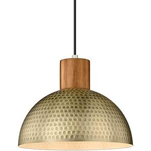 ELYONA Vintage Pendant Light Fixtures, 12” Brushed Brass Hammered Metal & Rubber Wood Industrial Dome Hanging Lamp, Antique Gold Kitchen Pendant Light for Island, Farmhouse, Sink, Dining Room, Hallway