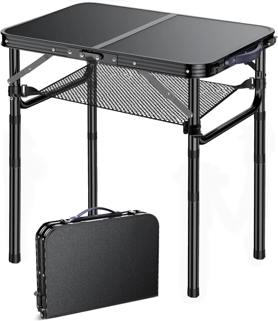 Yriuat Outdoor Side Table, Portable 3 Adjustable Height Small Outdoor Folding Table, Aluminum Foldable Patio Side Tables for Outside Indoor, Plant Stand Coffee End Table for Pool, Porch,Garden(Black)