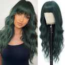 MINSEEYOO Dark Green Wig with Bangs for Women Long Dark Green Wavy Wigs 26 Inch Green Wigs Natural Looking Heat Resistant Synthetic Wig for Daily Party Use : Beauty & Personal Care
