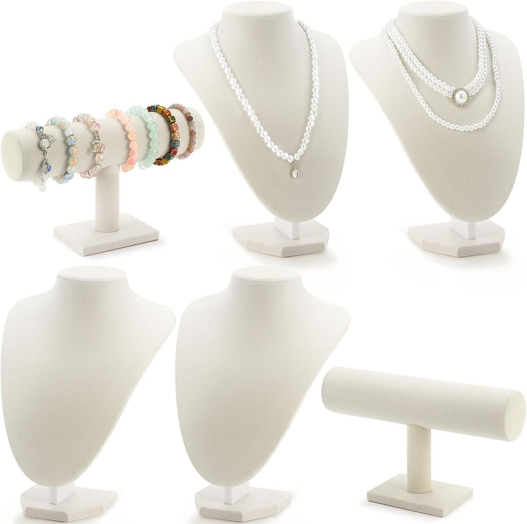 Huquary 6 Pcs Jewelry Display Set Necklace Display Stand T Bar Bracelet Holder Jewelry Bust for Home Store Trade Show(Beige)