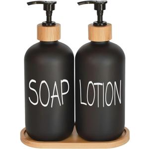 2 x Black Soap Dispenser Bathroom Set, Set with Glass Dispenser, Bamboo Pumps & Tray. Hand and Lotion Suitable for Farmhouse Decor