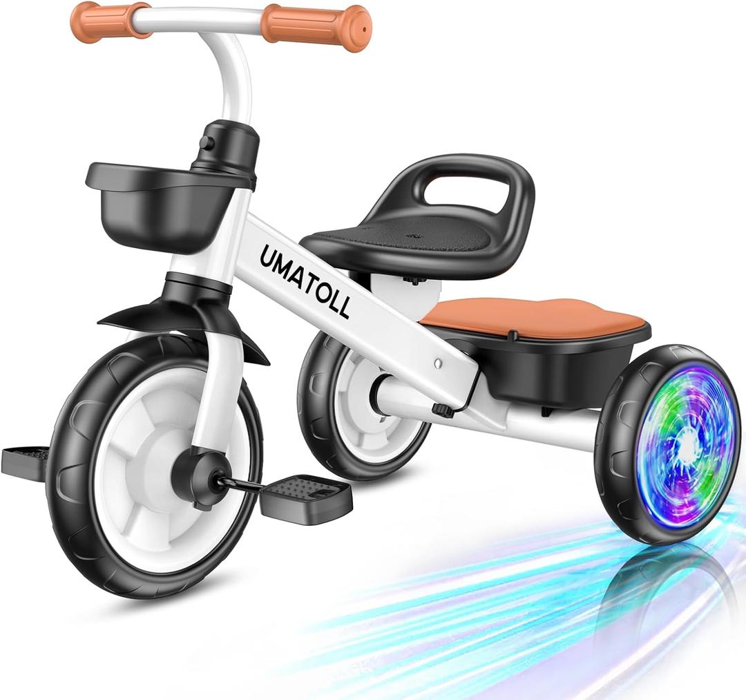 Umatoll Tricycle for Toddlers 2-5 Year Old, Ajustable Toddler Bike Outdoor Toys, Birthday Gift for Boy Girl Age 2-4, Trike with Light up Wheels (White)