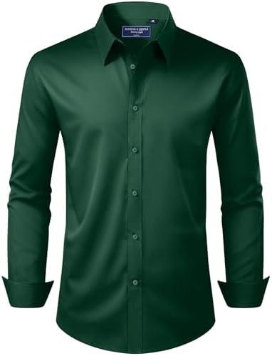 Alimens & Gentle Men's Dress Shirt Regular Fit Stretch Stain Shield Long Sleeve Solid Business Wedding Button Down Shirts, L, Green