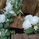 Dining Table Centerpiece Set of 4 - Artificial Peony Flowers with Wooden Vase - Boho Fake Rose Bouquets Small Faux Silk Floral Arrangement for Wedding Party Bathroom Home Dcor, White