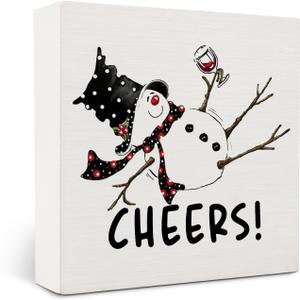 Funny Winter Christmas Snowman Wine Wooden Box Sign Desk Decor, Christmas Bar Decor, Cheers Snowman Xmas Wood Block Sign for Bar Pub Home Desk Table Shelf Wall Decorations, 5x5 Inch