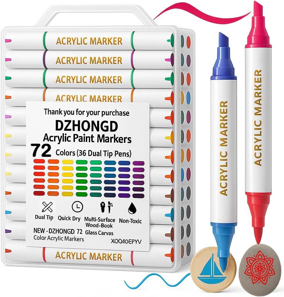 72 Color Acrylic Paint Markers – Dual Tip Waterproof Paint Pens for Rock, Wood, Fabric, Glass, Ceramic