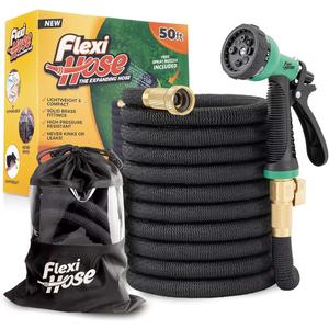 Flexi Hose Plus Expandable Garden Hose with 8 Function Nozzle, 50FT - Lightweight Retractable Garden Hose, Water Hose - No-Kink Flexibility, 3/4 Inch Solid Brass Fittings Includes Hook & Bag