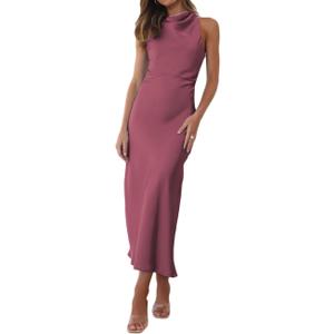 Halfisland Satin High Neck Backless Sleeveless Midi Dresses for Women Elegant Mock Neck High Waist Cross Back Cocktail Dress, M
