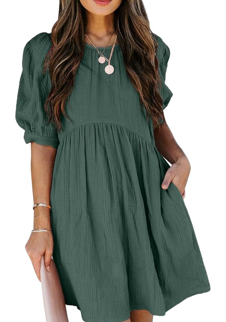 Dokotoo Womens 2025 Spring Summer Crewneck Puff Sleeve Babydoll Elegant Empire Waist Mini Swing Skater Dresses with Pockets, Size M