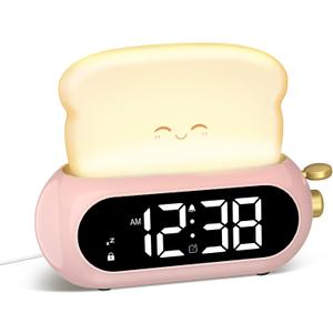 Cute Digital Clock for Bedrooms, Kids Alarm Clocks with Night Light Lamp, 10 Alarm Tones, Adjustable Brightness, Nap Timer, Snooze, Power-off Memory, Bedside Clocks for Girls Kids Teens Birthday Gifts (Pink)