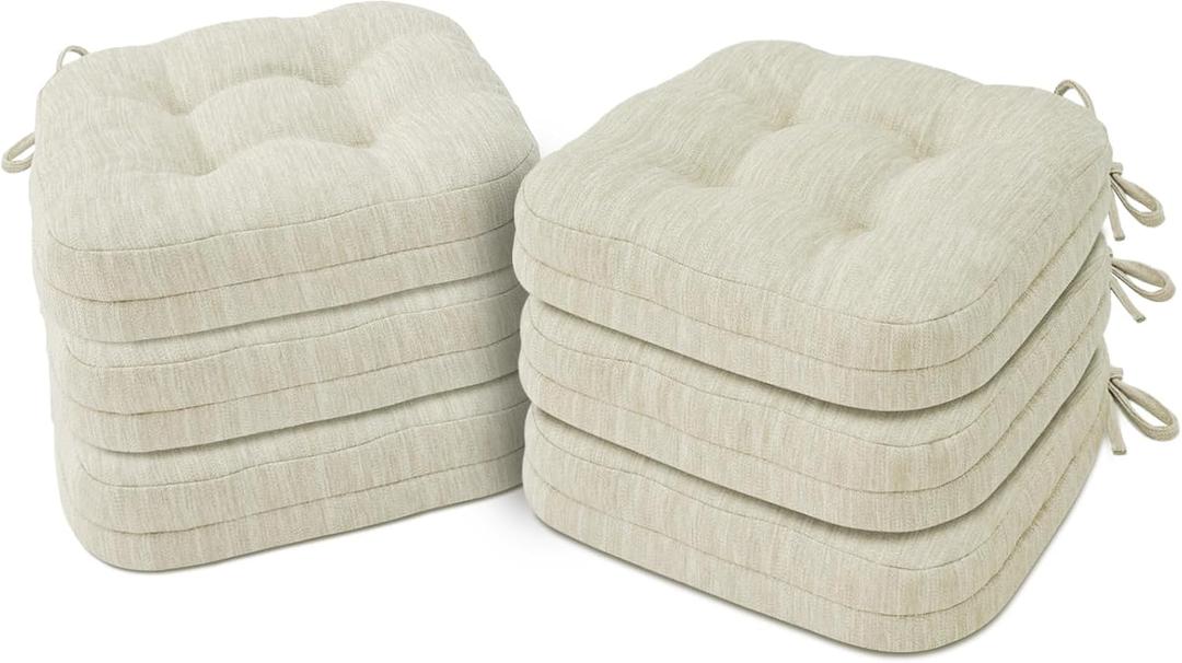 Shinnwa Kitchen Chair Cushions Set of 6, Dual-Layer Memory Foam Dining Chair Cushions, Patented Design Seat Pads with Ties, 16.5 x 16.5 x 3.5in, 6 Pack, Ivory
