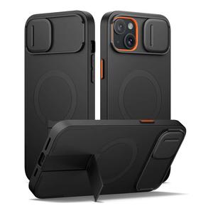 SURITCH for iPhone 14 Plus/15 Plus Case with Magnetic Camera Slide Cover and Adjustable Kickstand, Compatible with MagSafe, Shockproof Bumper Case Slim Protective Cover 6.7 Inch, Black