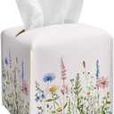 Wildflowers Tissue Box Cover Square, Colorful Flowers Tissue Box Holder with Bottom Belt, Leather Facial Paper Organizer for Bathroom Vanity Countertop, Nightstands, Dining Table, Office, Car -20