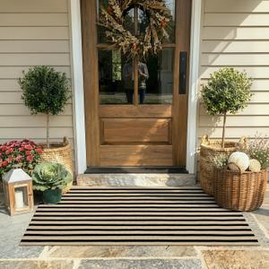 KIMODE Front Door Mats 24"x51", Machine Washable Farmhouse Front Porch Rug Decor, Striped Layered Door Mats Outdoor, Cotton Hand Woven Entryway Rug for Entry, Doorway, Kitchen Black and Khaki