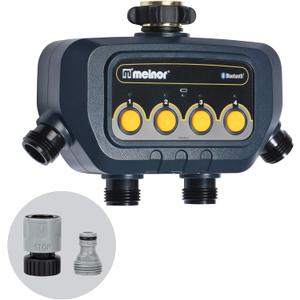 Melnor 65184AMZ Bluetooth Water Timer with 4-Zone Control, 12 Programmable Start Times, Watering Delay, Manual Mode, Weather-Resistant, 2 Piece Quick Connect Bundle, Black, Yellow