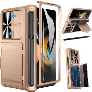 Viaotaily for Galaxy Z Fold 4 Case with Card Holder & S Pen Holder & Hinge Protection, Built-in Screen Protector & Slide Camera Lens Cover, Durable Case for Galaxy Z Fold 4 2022 (Rose Gold)