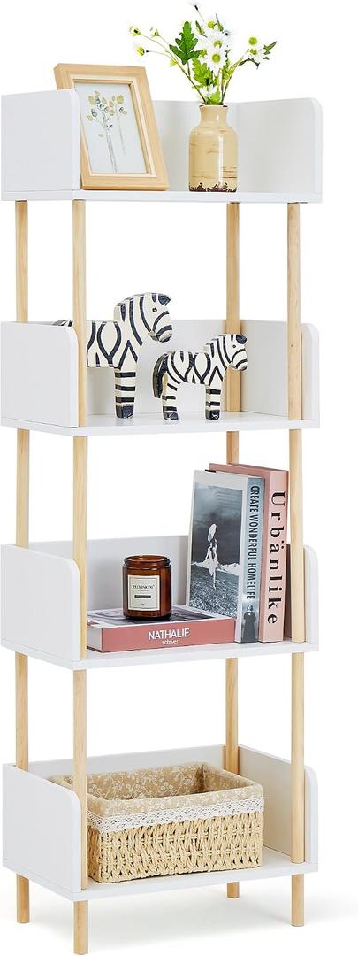 SUNTAGE White Wooden Open Bookcase, Modern Freestanding Bookshelf w/Side Panels, Edge Protection & Solid Wood Frame, Wood Storage Shelves Display Stand for Bedroom, Living Room & Home Office (4 Tier)