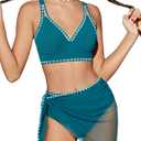 Girls Swimsuit V-Neck Shell Stitched Solid Color High Waisted 3 Piece Bathing Suit Bikini with Cover Up 9-16T (13-14 Years)