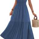 ZAFUL Women's 2025 Summer Casual Midi Dress Sleeveless Adjustable V Neck Elastic Empire Waist Smocked Ruffle Tiered Dresses (Blue)