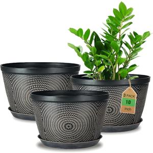 Quarut 10 Inch Flower Pots for Outdoor Indoor, 3 Pack Plastic Plant Pots with Drainage Hole & Tray, Modern Decorative Garden Pot with Saucer, planters for House (Black Copper)