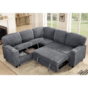 Symmetrical L Shaped Sectional Sofa with Pull Out Couch Bed, Plush Corduroy Upholstered Convertible Sleeper Sofa Bed with Storage Seat,USB Ports and Cupholders for Living Room Apartment Corner (Grey 81")