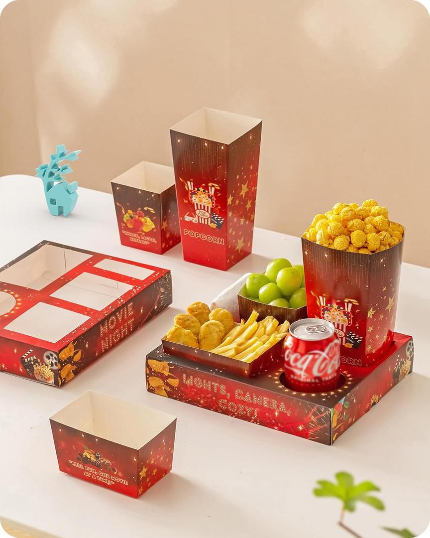 Baffect Movie Night Snack Trays 100pcs Include 20 Movie Night Trays, 20 Popcorn Boxes, 20 Salad Bowls, 20 Nacho Bowls, 20 Movie Party Invitations, Outdoor Movie Night Supplies For Nacho Bar