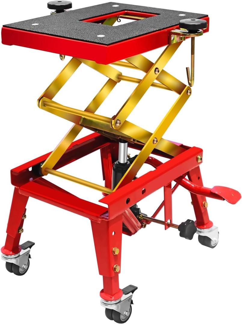 Jack Boss 350 Lbs Motorcycle Lift Jack Table, Hydraulic Foot-Operated Scissor Lift Jack for ATV Dirt Bike, Motorcycle Stand with 4 Wheels