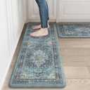 LEEVAN Blue Anti Fatigue Mats for Kitchen Floor 2 Piece,Memory Foam Cushioned Kitchen Mats for Floor,Non Slip Waterproof Ergonomic Boho Standing Mat for Sink,Laundry,Home,Office(17''x29''+17''x47'')