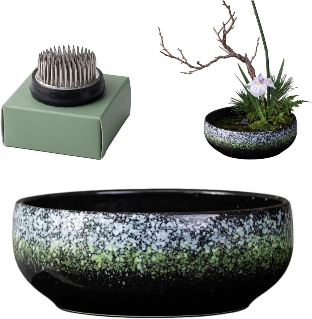Water Lotus Bowl Planter Kit - Japanese Compote Bowl Ikebana Vase Set w/ 1.8" Floral Frog- Ideal for Ikebana, Flower Arrangement & Hydroponic Planting (Green Spots)