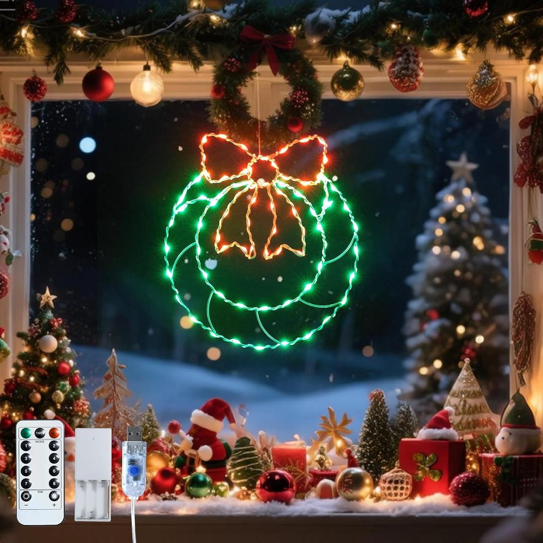 Leisure world 2 Pack Christmas Wreath Shaped LED Window Silhouette Lights, Battery/USB Operated with Remote & Timer, 8 Modes for Indoor Outdoor Holiday Xmas Party Decor