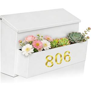 Ydocabinit Wall Mount Mailbox, Large Capacity for House, Outside, with 3 Sets of 0-9 Number Stickers & Flower Planter, Galvanized Steel Rust-Proof Metal Post Drop Box, 15.74"9.84"6.41" White