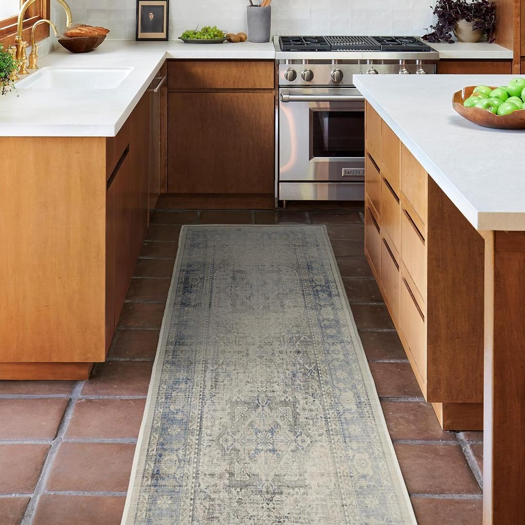 RUGGABLE Washable Vintage Runner Rug Kamran Blue Quartz 2.5x10, Stain-Resistant, Non-Slip Hallway Runner Machine Washable Rug for Hallway, Entryway, Living Room & Kitchenwith Standard Pad