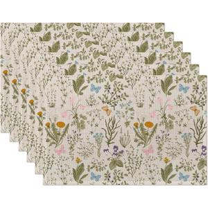 Wildflowers Placemats Set of 6,Vintage Garden Plants Herb Flower Botanical Table Mats Non-Slip Heat Resistant Washable Placemat for Party Kitchen Dining Table Decoration Indoor Outdoor