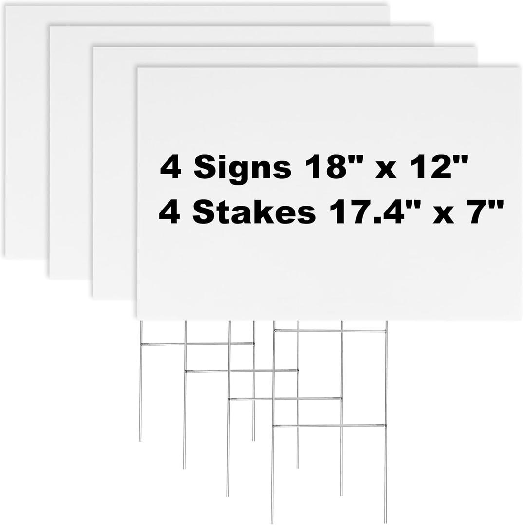 Newflager 4 Pack 18 x 12 Inches White Corrugated Plastic Yard Sign with Metal Stakes for Birthday, Real Estate Garage Sale Signs, Rent, Guidepost Decorations